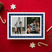 Blue Plaid Liefde en vreugde Dubbele Foto Feestdagenkaart