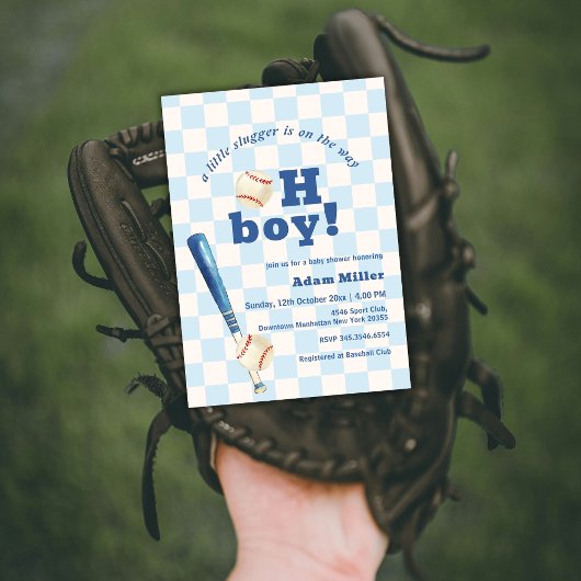 Blue Plaid Little Slugger Baseball Baby Shower Kaart