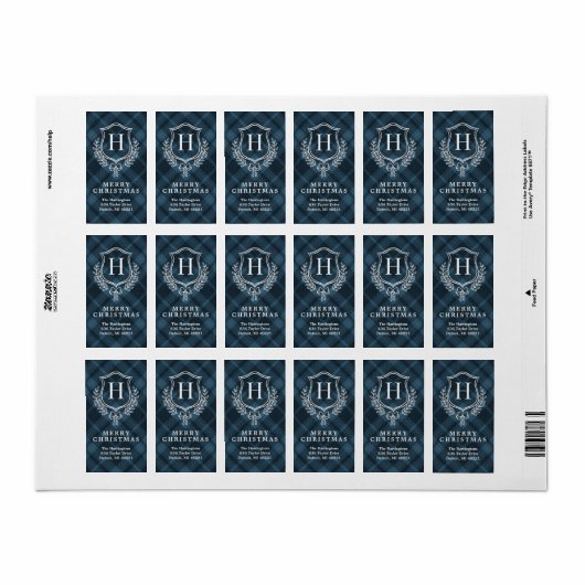 Blue Plaid Monogram Kerstretouradres Etiket (Full Sheet)