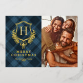 Blue Plaid Monogram Photo Christmas Folie Feestdagenkaart (Voorkant)