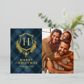 Blue Plaid Monogram Photo Christmas Folie Feestdagenkaart (Staand Voorkant)