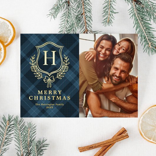 Blue Plaid Monogram Photo Christmas Folie Feestdagenkaart