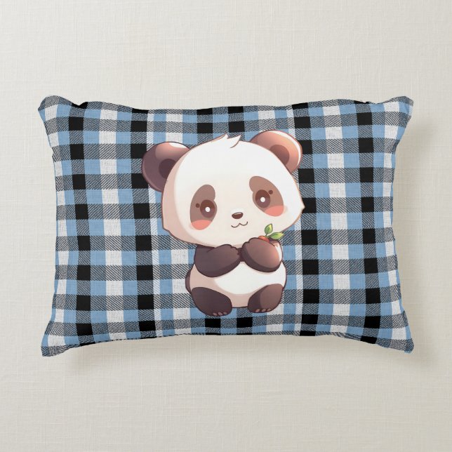 Blue Plaid Panda Accent Pillow Accent Kussen (Voorkant)