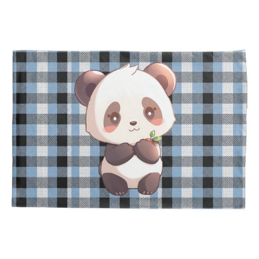 Blue Plaid Panda Kussensloop (Achterkant)
