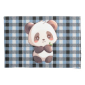 Blue Plaid Panda Kussensloop (Voorkant)