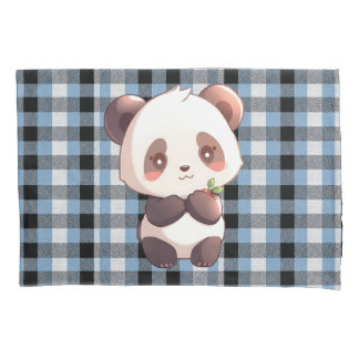 Blue Plaid Panda Kussensloop