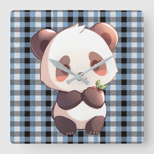 Blue Plaid Panda Vierkante Klok (Voorkant)