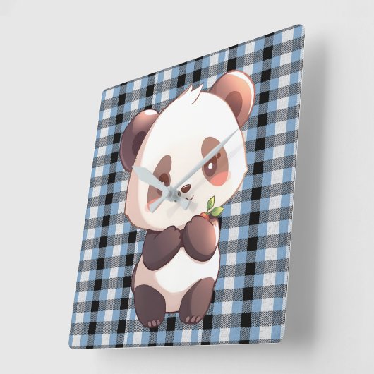 Blue Plaid Panda Vierkante Klok (Hoek)
