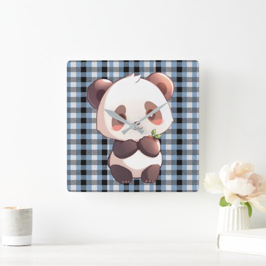 Blue Plaid Panda Vierkante Klok (Huis)
