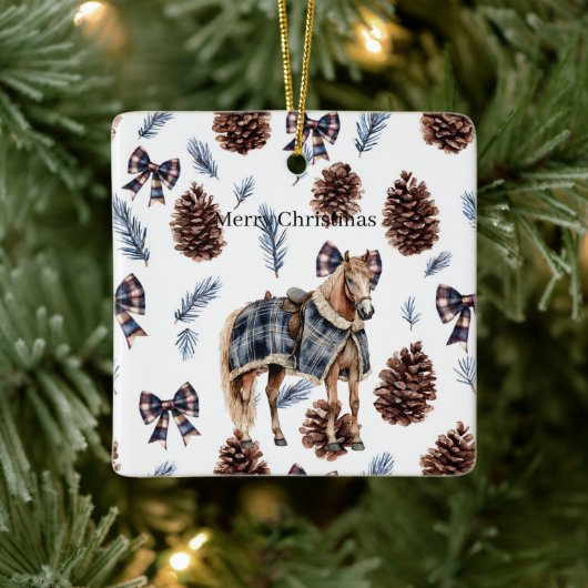 Blue Plaid Pine Cones Bows Horse Christmas Keramisch Ornament (Boom)