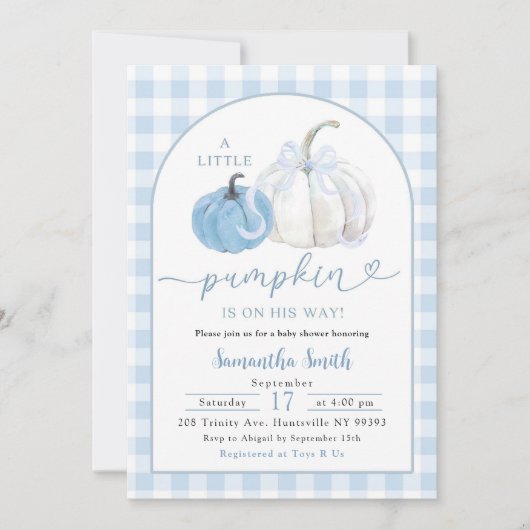 Blue Plaid Preppy Pumpkin Boy Baby shower Kaart (Voorkant)