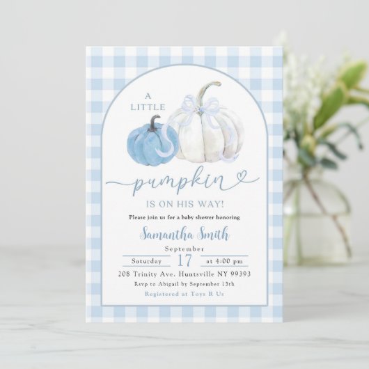 Blue Plaid Preppy Pumpkin Boy Baby shower Kaart (Staand voorkant)