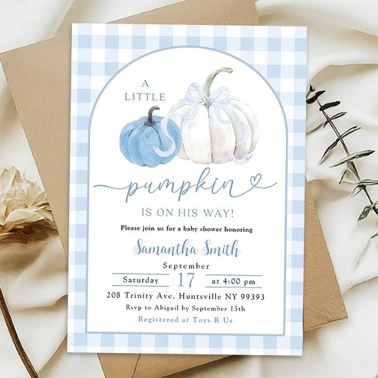 Blue Plaid Preppy Pumpkin Boy Baby shower Kaart