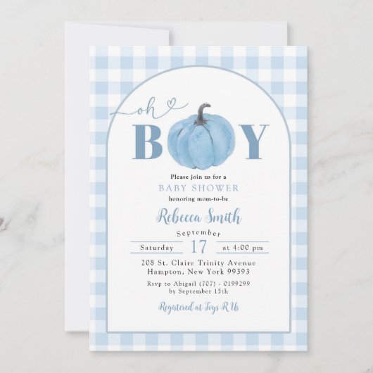 Blue Plaid Preppy Pumpkin Oh Boy Baby shower Kaart (Voorkant)