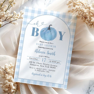 Blue Plaid Preppy Pumpkin Oh Boy Baby shower Kaart
