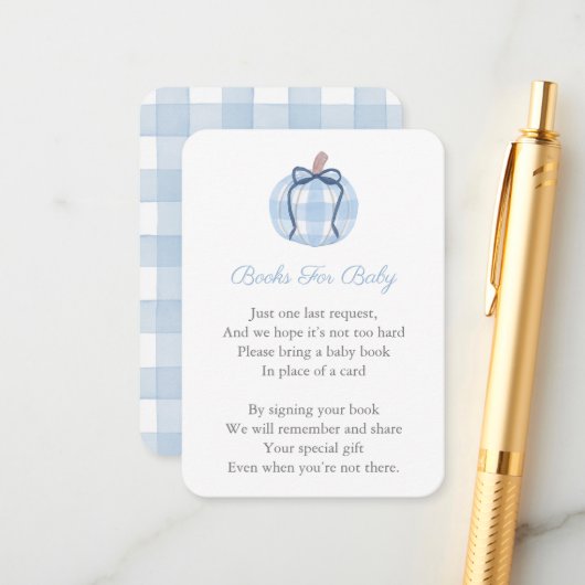 Blue Plaid Pumpkin Breng een boek Baby shower Informatiekaartje (Voorkant / Achterkant in situ)