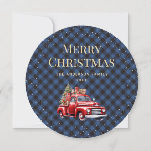 Blue Plaid Red Truck Snow Merry Christmas-Kaart Feestdagenkaart