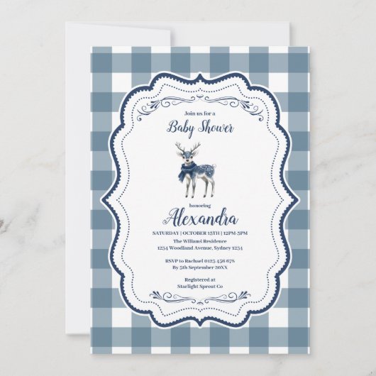 Blue Plaid Reindeer Baby shower Kaart (Voorkant)
