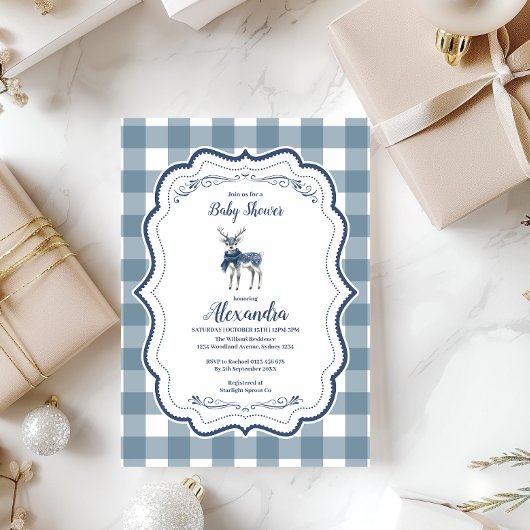 Blue Plaid Reindeer Baby shower Kaart