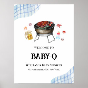 Blue Plaid Retro Baby Q Baby shower Welkom Poster