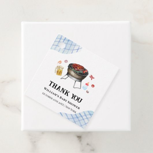 Blue Plaid Retro Country Baby Q Baby shower Bedankjes Labels (In situ)