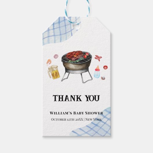 Blue Plaid Retro Country Baby Q Baby shower Cadeaulabel (Voorkant)