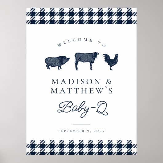 Blue Plaid Rustiek Baby shower BBQ Welkomstbord Poster