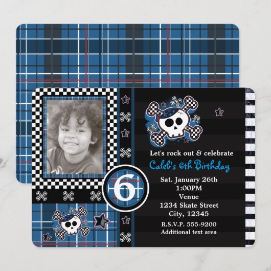 Blue Plaid Skull & Crossbones Uitnodiging voor fot (Voorkant / Achterkant)