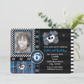 Blue Plaid Skull & Crossbones Uitnodiging voor fot (Staand voorkant)