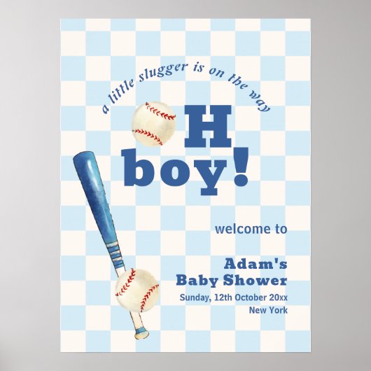 Blue Plaid Slugger Baseball Baby Shower Welcome  Poster (Voorkant)