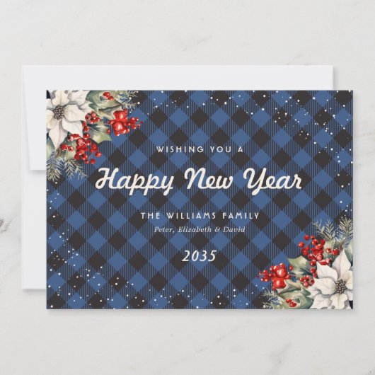 Blue Plaid Snow Botanical New Year Card Feestdagenkaart (Voorkant)