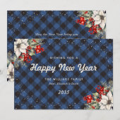 Blue Plaid Snow Botanical New Year Card Feestdagenkaart (Voorkant / Achterkant)