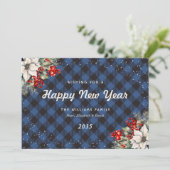 Blue Plaid Snow Botanical New Year Card Feestdagenkaart (Staand voorkant)