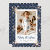 Blue Plaid Sparkly Snowflake Foto Vrolijk Kerstmis Feestdagenkaart (Voorkant / Achterkant)