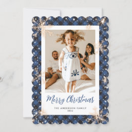 Blue Plaid Sparkly Snowflake Foto Vrolijk Kerstmis Feestdagenkaart