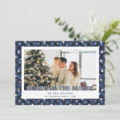 Blue Plaid Stars Geloof Foto Kerst Kaart (Staand voorkant)