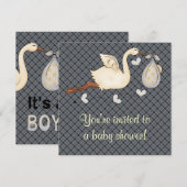 Blue Plaid Stork Baby Boy Shower Kaart (Voorkant / Achterkant)