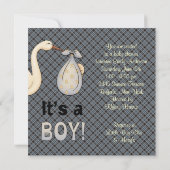 Blue Plaid Stork Baby Boy Shower Kaart (Achterkant)