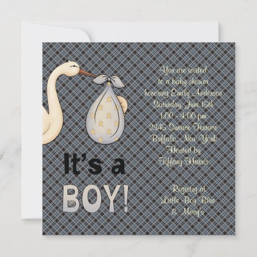 Blue Plaid Stork Baby Boy Shower Kaart (Achterkant)