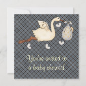 Blue Plaid Stork Baby Boy Shower Kaart (Voorkant)