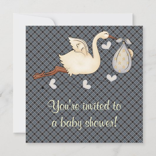 Blue Plaid Stork Baby Boy Shower Kaart (Voorkant)