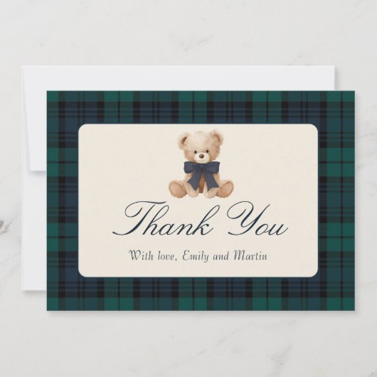 Blue Plaid Teddy Bear Baby Shower Thank You Card Bedankkaart (Voorkant)