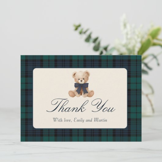 Blue Plaid Teddy Bear Baby Shower Thank You Card Bedankkaart (Staand voorkant)