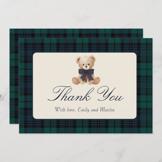 Blue Plaid Teddy Bear Baby Shower Thank You Card Bedankkaart (Voorkant / Achterkant)
