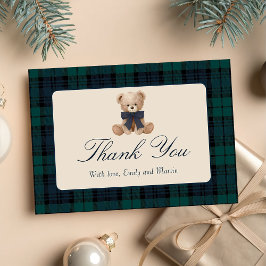 Blue Plaid Teddy Bear Baby Shower Thank You Card Bedankkaart