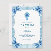 Blue Plaid Watercolor Bows & Cross Boy Baptism Kaart (Voorkant)