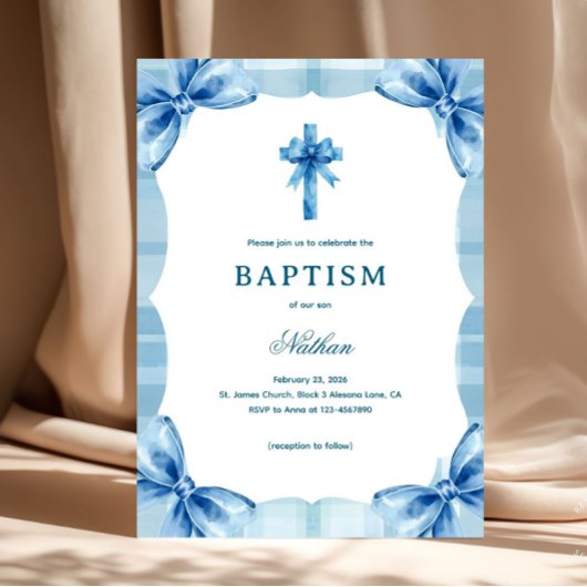 Blue Plaid Watercolor Bows & Cross Boy Baptism Kaart