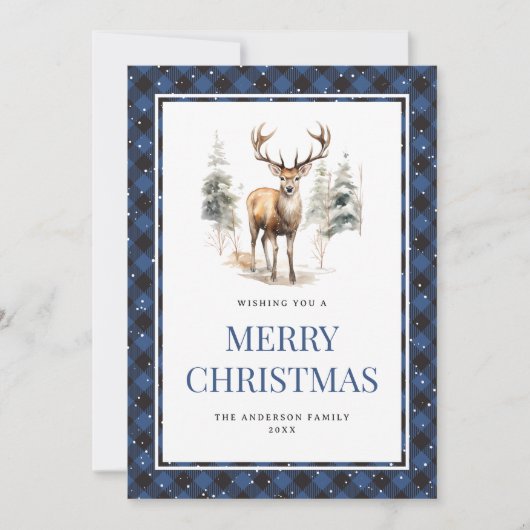 Blue Plaid Waterverf Deer Snowy Merry Christmas Feestdagenkaart (Voorkant)