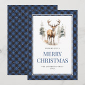Blue Plaid Waterverf Deer Snowy Merry Christmas Feestdagenkaart (Voorkant / Achterkant)