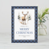 Blue Plaid Waterverf Deer Snowy Merry Christmas Feestdagenkaart (Staand voorkant)